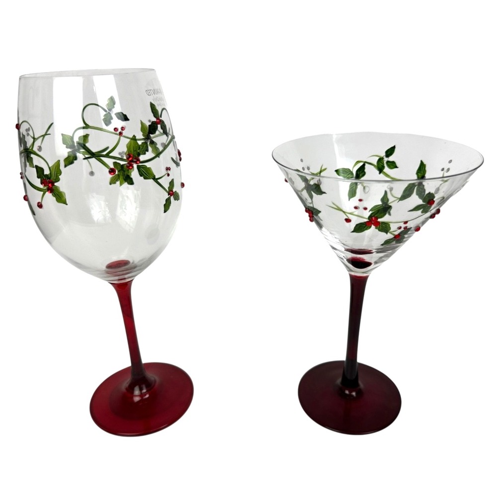 Martini & Wine Glass Handpainted Holiday Green Leaves & Red Crystals Red Stems